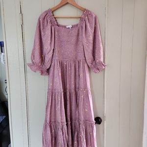 Ivy City Co Starry Night Dress in Lilac Gold Stars Midi Size Large L Smocked